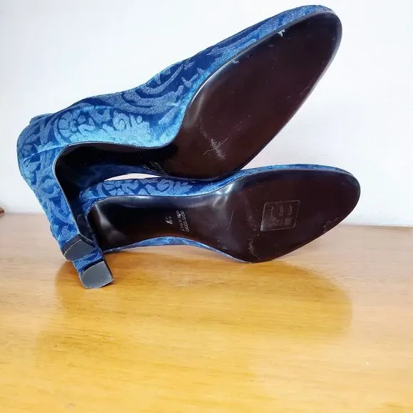 Antonia Sautter Collection Blue Velvet Damask Print Heels Shoes Handmade SZ 37 - Picture 6 of 12